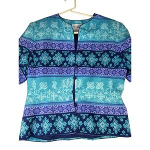 Papell Boutique Womens Blouse Size 10 Blue Teal Purple Short Sleeve Button Front